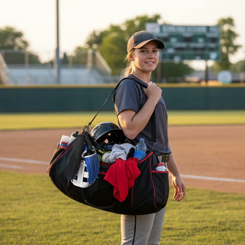 Athlete carrying bag with Two Pack Adjustable Baseball Glove Clips For Hanging Gear And Drying Bags Easy Clip On Glove Holder Straps.