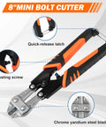 8 inch mini bolt cutter with quick-release latch, adjusting screw, and chrome vandium steel blade from 3 Piece Bolt Cutter Pliers Set
