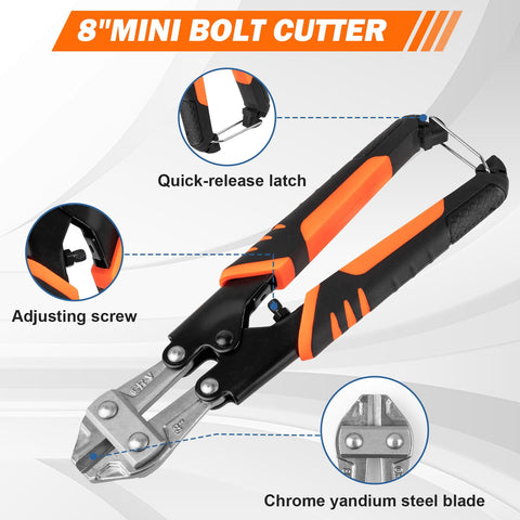 8 inch mini bolt cutter with quick-release latch, adjusting screw, and chrome vandium steel blade from 3 Piece Bolt Cutter Pliers Set