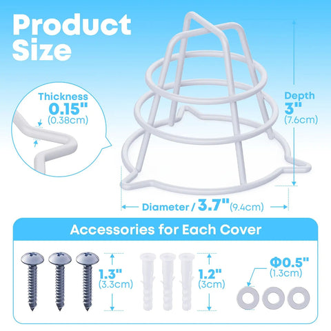 8 Count Fire Sprinkler Head Protectors Rugged Steel Cage Covers dimensions with accessories for indoor sprinklers, including screws.