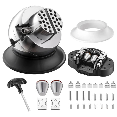 3 Inch Ball Vise Engraving Setting Tool With 360 Degree Rotation Pro Grade Jewelry Engraving Block And Attachment Set For Precision Crafting Stainless Steel Black Finish With Standard Block Included, showing attachments and steel construction.