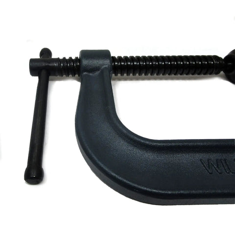 Beefy C Clamp With Four And A Quarter Inch Opening And Three And A Quarter Inch Throat, 6200 Lb Clamping Force, Drop-Forged Frame, Smooth ACME Spindle, V-Groove Anvil, Black Oxide Finish, Model 404 close-up