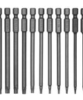11 Piece Killer Security Torx Bit Set Tamper Proof Star Driver Bits in a row, S2 steel, 4 inch length, T6 to T40 sizes.