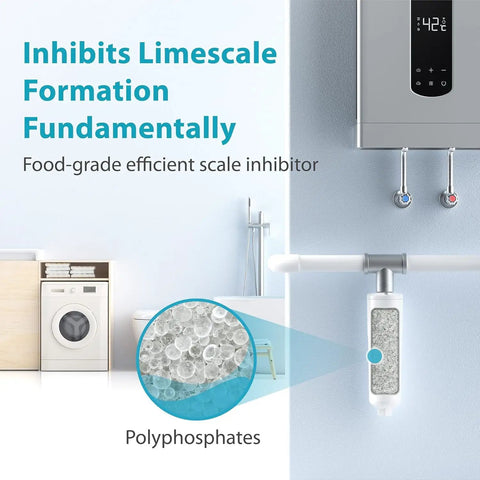 Whole House Scale Inhibitor Inline Water System with Food Grade Polyphosphate illustration preventing limescale buildup in home plumbing.