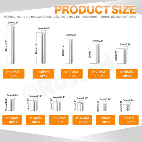 100 Pcs M6 Stainless Steel Dowel Pin Kit With 11 Sizes From M6x6mm To M6x45mm product size chart for mechanical use