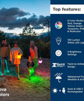 Family uses Go To Solar Camping Lantern With 8 Color Modes in forest. Twist to inflate, 100 lumen LED, waterproof.