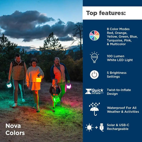 Family uses Go To Solar Camping Lantern With 8 Color Modes in forest. Twist to inflate, 100 lumen LED, waterproof.