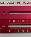 Built Tough Three In One Router Milling Groove Bracket With Smooth Slide Jig Templates And Flip Board Featuring Heavy Duty Aluminum Alloy Construction And Self Centering Punch For Zero Hassle Carpentry showing laser scale in metric unit on red aluminum.