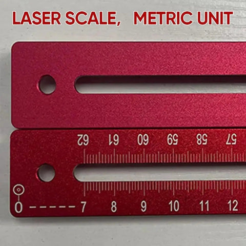Built Tough Three In One Router Milling Groove Bracket With Smooth Slide Jig Templates And Flip Board Featuring Heavy Duty Aluminum Alloy Construction And Self Centering Punch For Zero Hassle Carpentry showing laser scale in metric unit on red aluminum.
