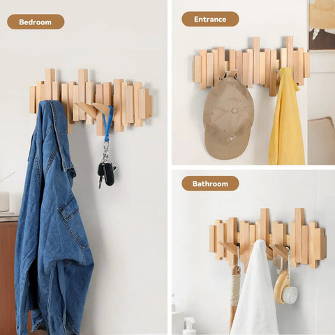 Dope Solid Wood Wall Mounted Coat Rack With Six Flip Down Hooks Magnetic For Each Hook Stays Vertical 16 Inch Wide