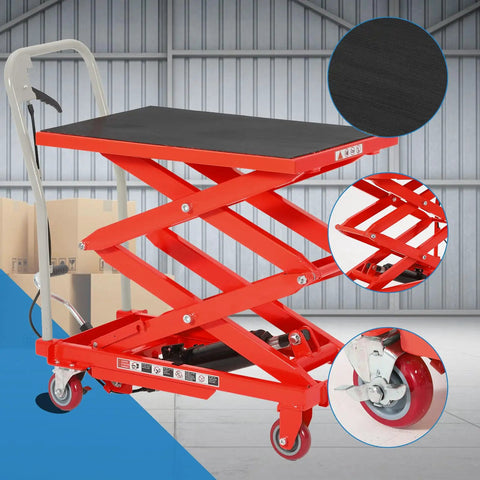 Premium Garvee Double Scissor Hydraulic Lift Table Cart, 330 Lbs Capacity, Red with black surface and red scissor legs in a warehouse.