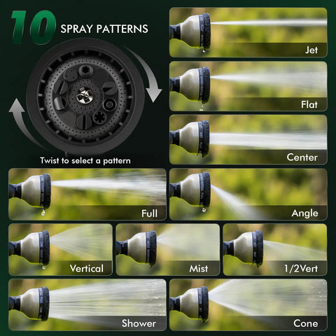 Image showing 10 spray patterns of Heavy Duty Watering Wand With 180 Degree Swivel Head 18 Inch Metal Garden Hose Nozzle Sprayer.