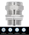 Close-up of stainless steel explosion-proof cable gland connector, IP66, 1-inch G1/M32 NPT threads for electrical junction boxes.