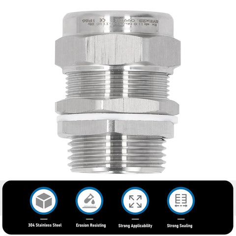 Close-up of stainless steel explosion-proof cable gland connector, IP66, 1-inch G1/M32 NPT threads for electrical junction boxes.