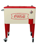 Creamfish 60-Quart Vintage Style Wheeled Cooler With Split Top Lids For Outdoor Patio Porch Insulated With A Powder Coated Finish Perfect For Parties Backyard BBQs And Tailgates, front view with Coca-Cola logo.