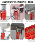 All In One 14 In 1 Sink Wrench Kit for Toilet Faucet and Kitchen Plumbing Installations showing tool on nuts and valves.