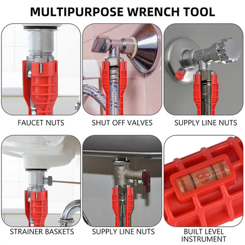 14 In 1 Multi Tool Sink Wrench for Toilet Faucet Kitchen and Bathroom Plumbing Installations showing various uses