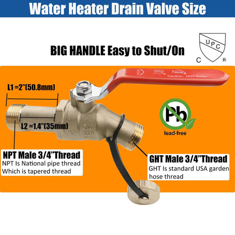 Heavy Duty Water Heater Drain Valve Three Quarter MIP To Three Quarter Male GHT Full Port Connection Lead Free Brass