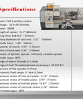 Specifications of Jaryannix 8X16 Benchtop Mini Metal Lathe With Variable Speed Control And Digital Display, dimensions and features overview.