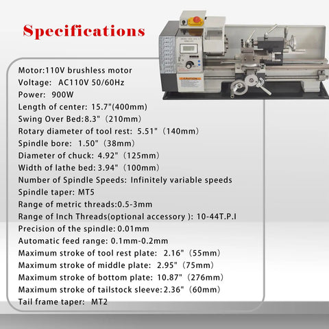 Specifications of Jaryannix 8X16 Benchtop Mini Metal Lathe With Variable Speed Control And Digital Display, dimensions and features overview.
