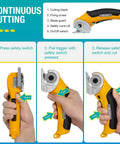 Steps for using the Beefy Cordless Electric Scissors With Safety Lock 4.2V Rechargeable Box Cutter, showing hand positions and button use.
