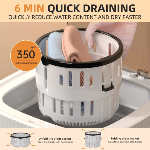 Blue Light Portable Mini Washing Machine With 9L Folding Design showing quick draining feature with basket and towels inside.