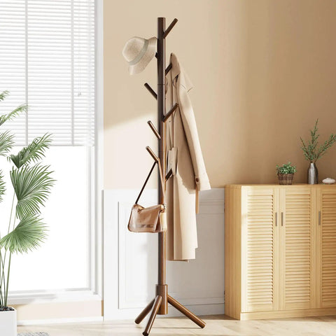 Sturdy Wooden Coat Tree With Eight Hooks Height Adjustable At 39.8 54.3 And 68.9 Inches Hat Stand for bedroom office or entryway.