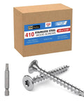 Top Shelf 410 Stainless Steel Deck Screws Number 8 X 1.5 Inch 150 Piece Pack with bit, showing screws and packaging.