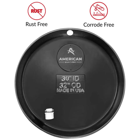 Heavy Duty Water Heater Drain Pan With 1 Inch Drain Adapter Fitting Drilled Anti Flood Pan 30 Inch Round Black Made From Recycled Sustainable Plastic Protects Floors From Water Damage Easy Install Pack Of 3 showing front view with branding and rust-free logo