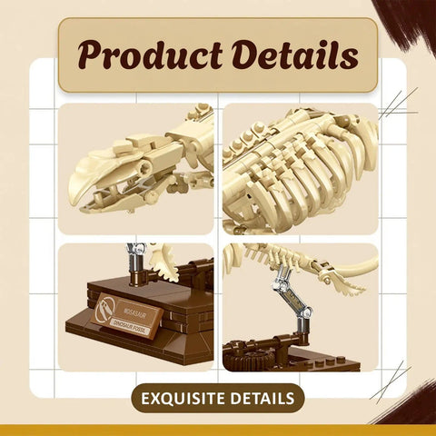 Mosasaurus Fossil Building Block Set With Gear Driven Skeleton And Dope Display Base For Collectors And Dino Fans Includes Display Stand And Museum Quality Fossil Detailing, showing intricate skeleton design and base.