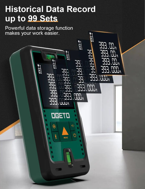 Laser Distance Meter With 393 Feet Range, Digital Backlit LCD, 6-Digit Display, showing 99 Data Records feature.