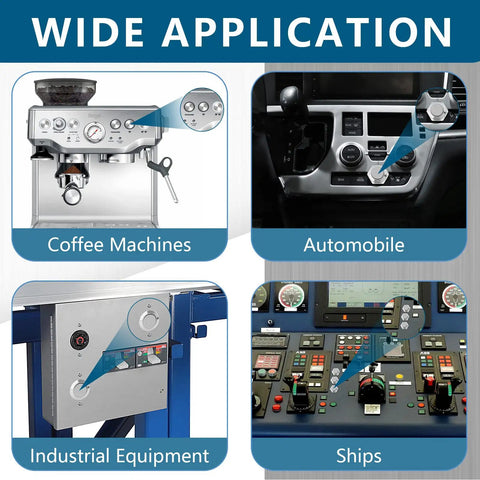 Wide application of Six Pack 12mm Momentary Push Button Switches 2 Pin SPST 1NO Aluminum Alloy Round Shell in coffee machines, automobiles, industrial equipment, and ships.