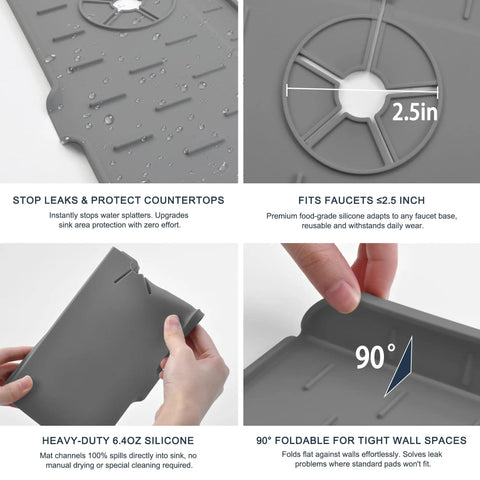 Silicone Sink Splash Guard Mat For Faucet Base Water Catcher Draining Pad That Fits Around The Sink Keeps Counters Dry From Splash Free Grey Rubber Drying Mat For Kitchen And Bathroom Countertops showing features and dimensions.