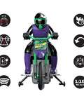 Front view of Crosslander RC18 Electric Motocross Bike with 2.4 GHz Radio Control Up To 12 Kmph Speed, mounted on support stand.