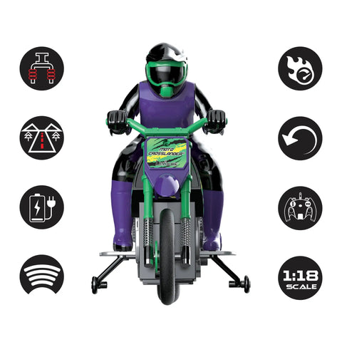 Front view of Crosslander RC18 Electric Motocross Bike with 2.4 GHz Radio Control Up To 12 Kmph Speed, mounted on support stand.