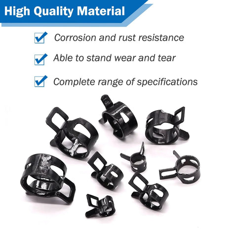 80-piece black spring-band hose clamp set, assorted sizes 7-18 mm