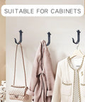 Heavy Duty Rustic Metal Wall Hooks 3 Pack Black Finish 4 Inch Size Mountable Coat Hangers for towels, keys, bags displayed.