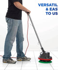 Person using Multi Purpose Commercial Orbital Floor Cleaner For Hard Floors And Carpets, Random Orbital Drive, 50 Foot Cord, Easy Maneuver.