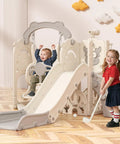 Toddler Indoor Outdoor Seven In One Playset With Climber Swing Set And Basketball Hoop For Kids Ages 1 Plus Kid Friendly Cream Gray ASTM Certified Safe Durable HDPE Playground Equipment with children playing on slide.