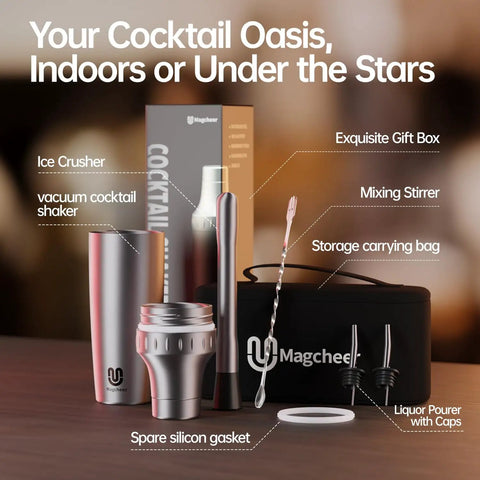 Hybrid Cocktail Shaker Set With Vacuum Insulated Double Wall Stainless Steel Construction 30oz Martini Shaker components displayed