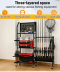 3 Tier Fishing Pole Rack With Lockable Wheels Holds Up To 18 Rods And Keeps Gear Handy With Pegboard Hooks For Lures Pliers