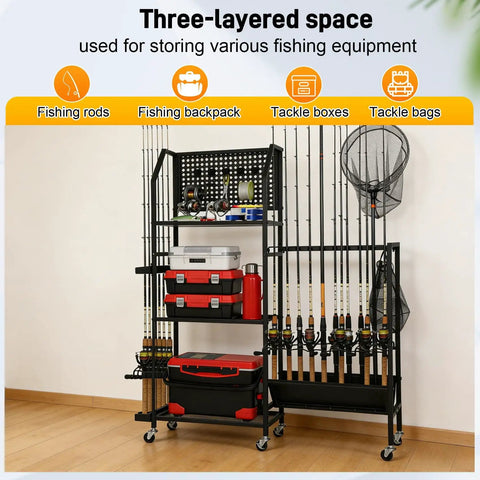 3 Tier Fishing Pole Rack With Lockable Wheels Holds Up To 18 Rods And Keeps Gear Handy With Pegboard Hooks For Lures Pliers