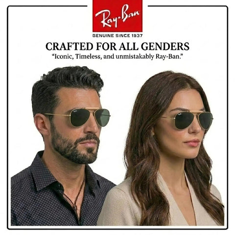 RB3030 Pilot Shape Non Polarized Shades For Men And Women With Green Lenses Unisex Eyewear Kit Included shown on models