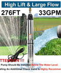 Heavy Duty Deep Well Submersible Pump With 100 Foot Power Cord 1HP 110V Water Pump showing 276FT lift and 33GPM output.