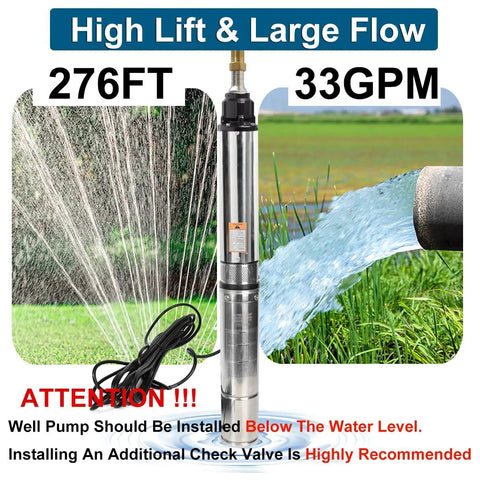 Heavy Duty Deep Well Submersible Pump With 100 Foot Power Cord 1HP 110V Water Pump showing 276FT lift and 33GPM output.