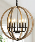 Orb 6 Light Farmhouse Chandelier in Brown Wood Finish with globe design, shown hanging in a room setting, 6 glowing lights visible