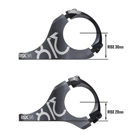 RSX Direct Mount Mountain Bike Stem for 31.8mm Bars, lightweight split design, two piece construction, 20mm and 30mm rise options