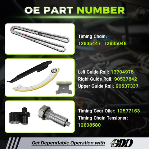 2.4 Ecotec Timing Chain Kit With Tensioner For 2010 2017 GM 2.4L Engines includes parts and OE numbers for timing components