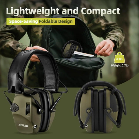 Foldable green electronic shooting ear protection with sound amplification and active noise reduction, 22 dB NRR, slim fit