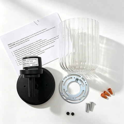 AOIOUR 10.4" 1‑Light Farmhouse Vanity Wall Sconce, Ribbed Glass Matte Black parts and instructions laid out.